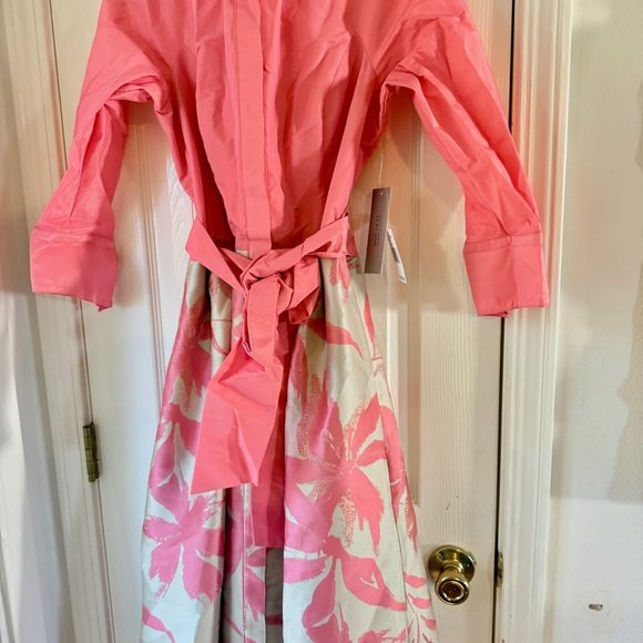 Teri Jon by Rickie Freeman Floral Taffeta Shirt Dress Gown Salmon Pink 4 - Picture 10 of 14